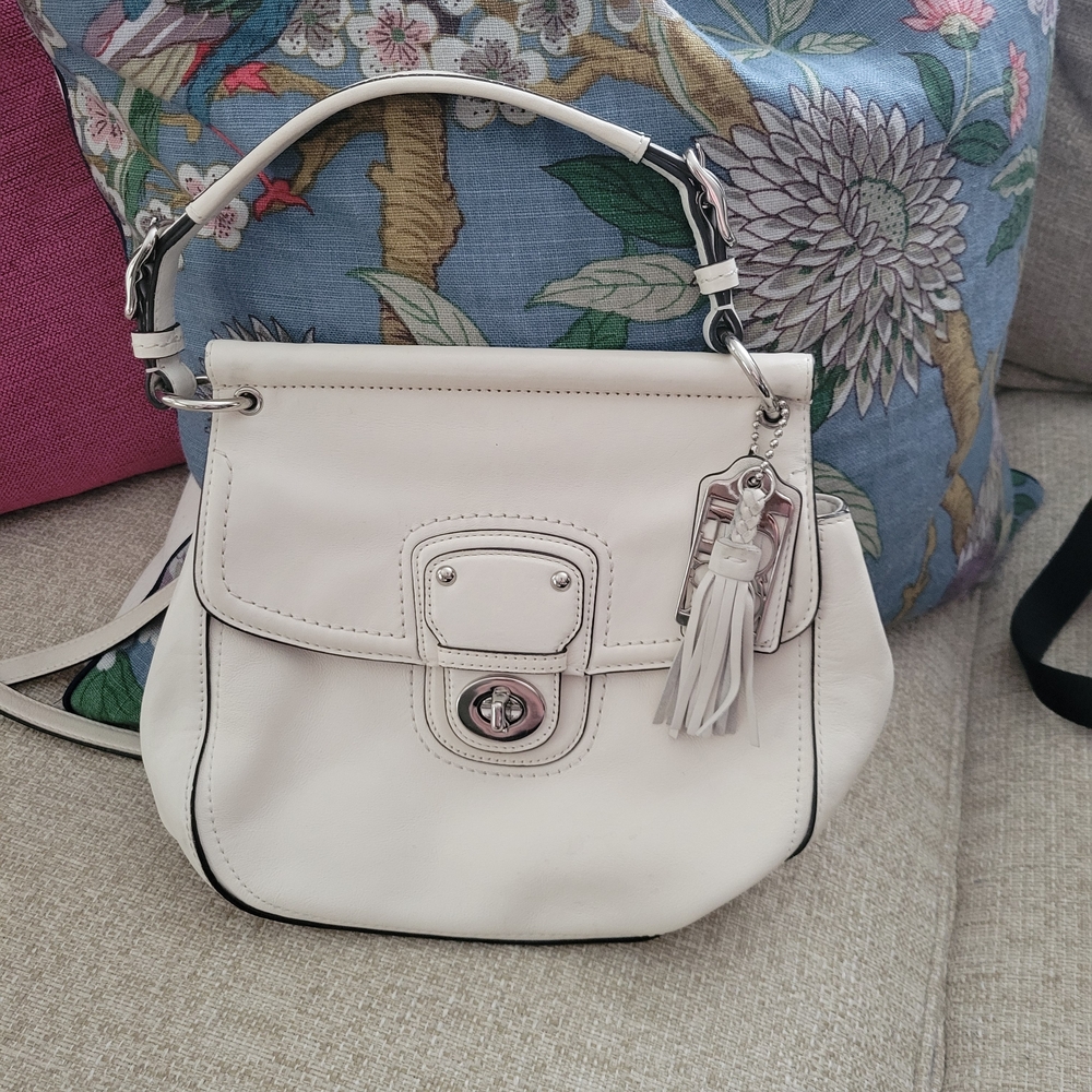 Coach White Leather Shoulder Bag with Tassel Charm